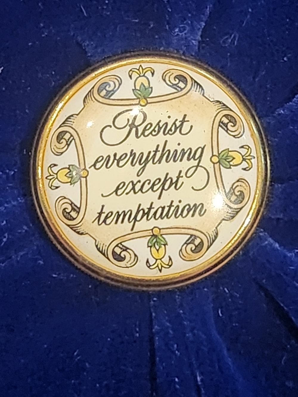 VTG Halcyon Enamel Resist Everything Except Temptation IOB Trinket Box